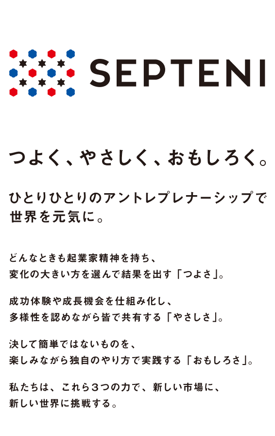 つよく、やさしく、おもしろく。ひとりひとりのアントレプレナーシップで世界を元気に。どんなときも起業家精神を持ち、変化の大きい方を選んで結果を出す「つよさ」。成功体験や成長機会を仕組み化し、多様性を認めながら皆で共有する「やさしさ」。決して簡単ではないものを、楽しみながら独自のやり方で実践する「おもしろさ」。私たちは、これら3つの力で、新しい市場に、新しい世界に挑戦する。